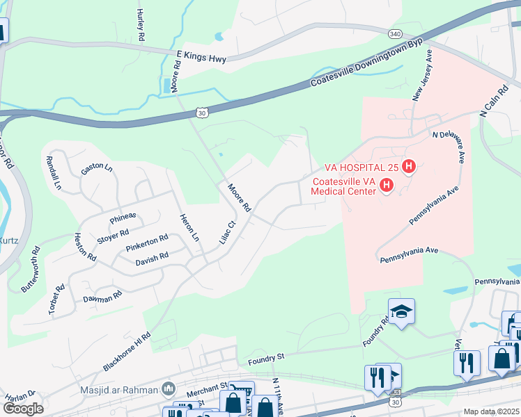 map of restaurants, bars, coffee shops, grocery stores, and more near 1302 Blackhorse Hill Road in Coatesville
