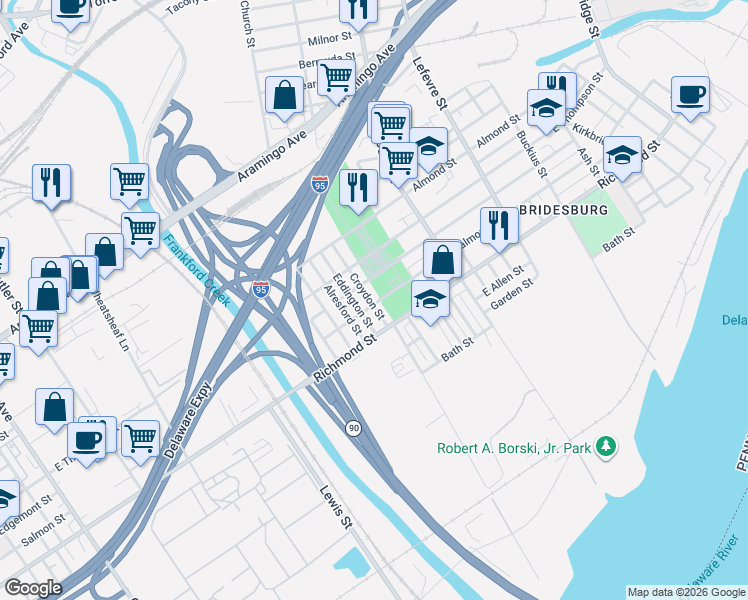 map of restaurants, bars, coffee shops, grocery stores, and more near 4258 Richmond Street in Philadelphia