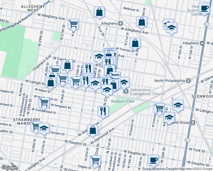 map of restaurants, bars, coffee shops, grocery stores, and more near 2742 North 22nd Street in Philadelphia
