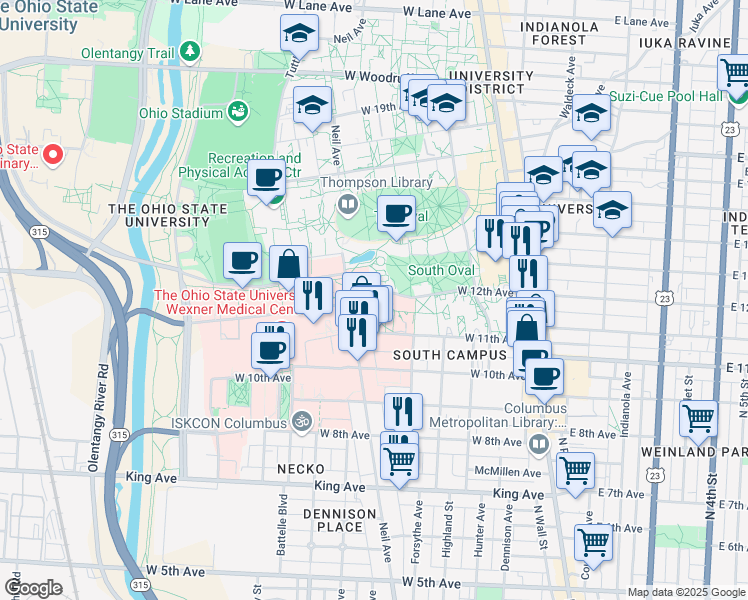 map of restaurants, bars, coffee shops, grocery stores, and more near 251 West 12th Avenue in Columbus
