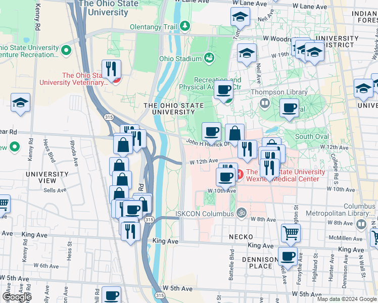 map of restaurants, bars, coffee shops, grocery stores, and more near 1740 Cannon Drive in Columbus