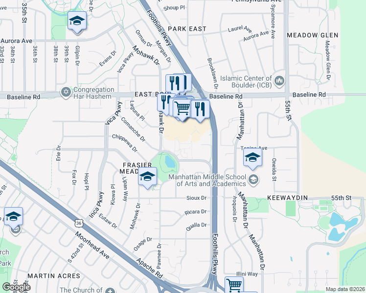 map of restaurants, bars, coffee shops, grocery stores, and more near 520 Mohawk Drive in Boulder