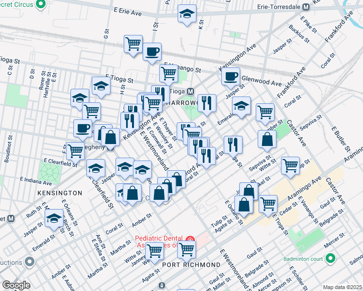 map of restaurants, bars, coffee shops, grocery stores, and more near 1943 East Thayer Street in Philadelphia