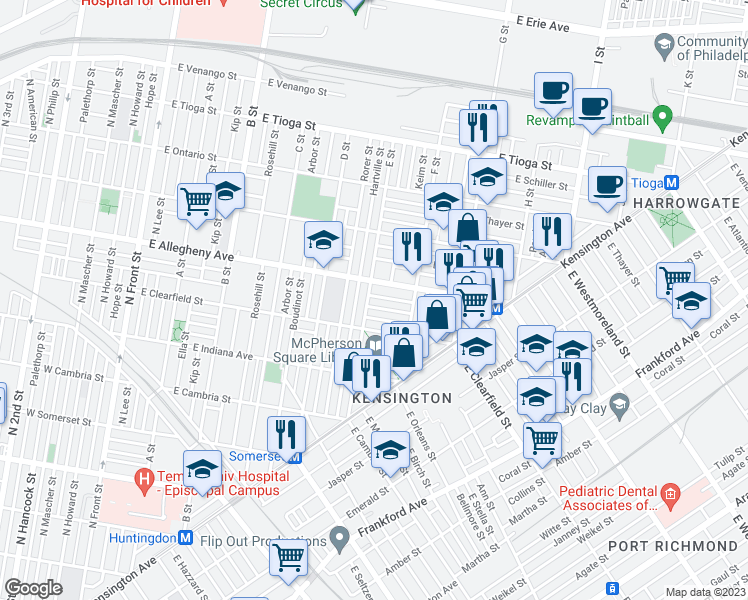 map of restaurants, bars, coffee shops, grocery stores, and more near 641 East Clementine Street in Philadelphia