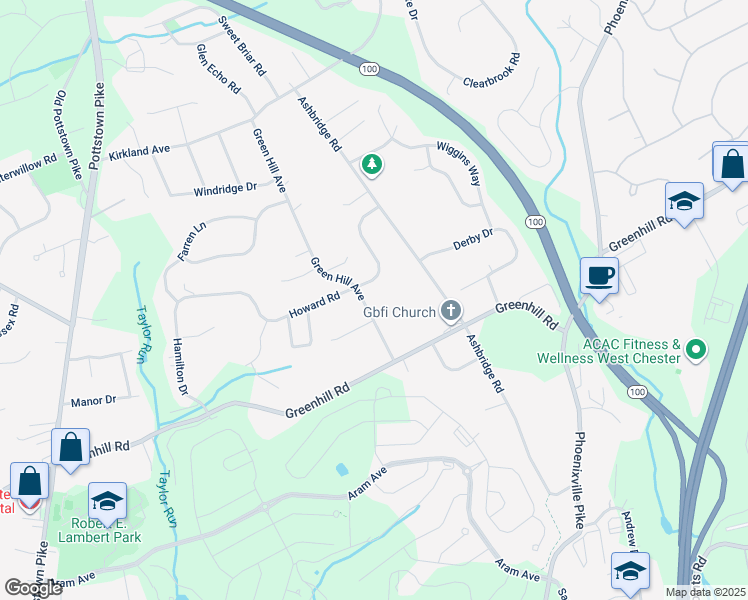 map of restaurants, bars, coffee shops, grocery stores, and more near 1217 Green Hill Avenue in West Chester