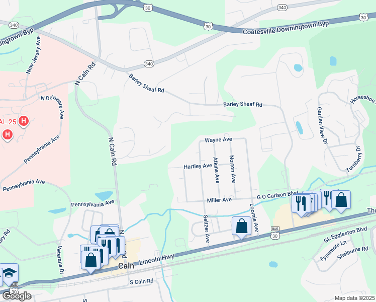 map of restaurants, bars, coffee shops, grocery stores, and more near 360 Seltzer Avenue in Coatesville
