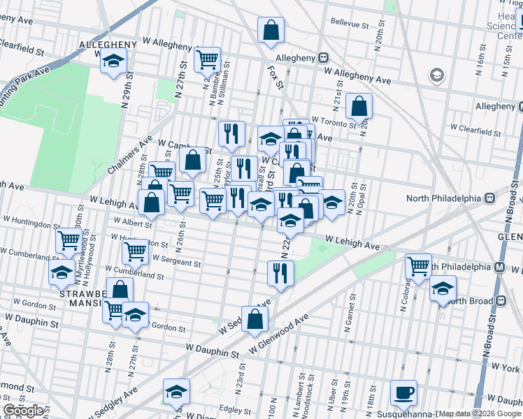 map of restaurants, bars, coffee shops, grocery stores, and more near 2732 North 23rd Street in Philadelphia