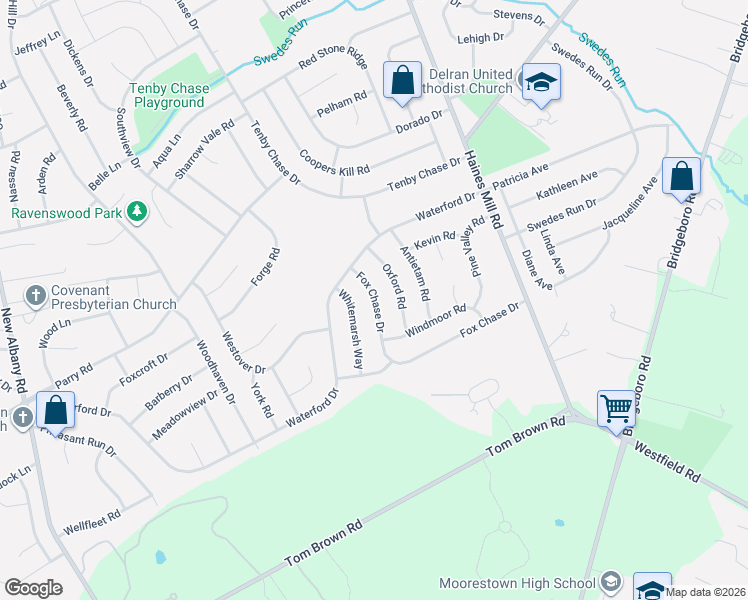 map of restaurants, bars, coffee shops, grocery stores, and more near 150 Fox Chase Drive in Delran