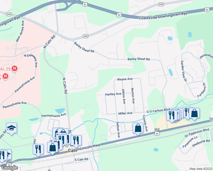 map of restaurants, bars, coffee shops, grocery stores, and more near 360 Seltzer Avenue in Coatesville