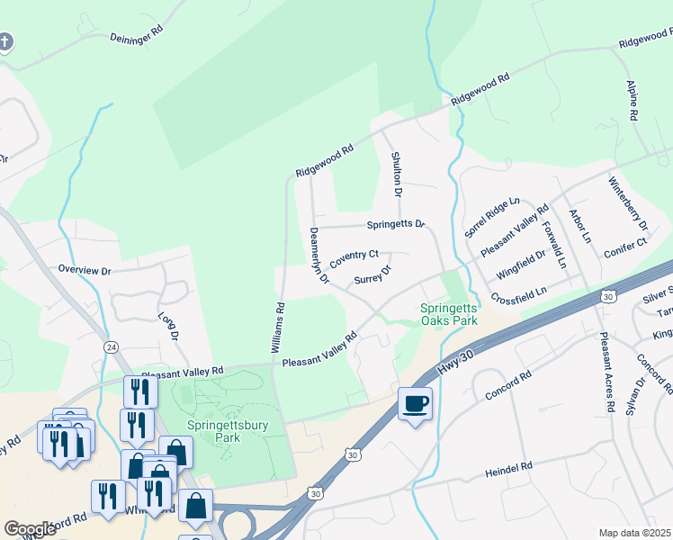 map of restaurants, bars, coffee shops, grocery stores, and more near 3606 Coventry Court in York