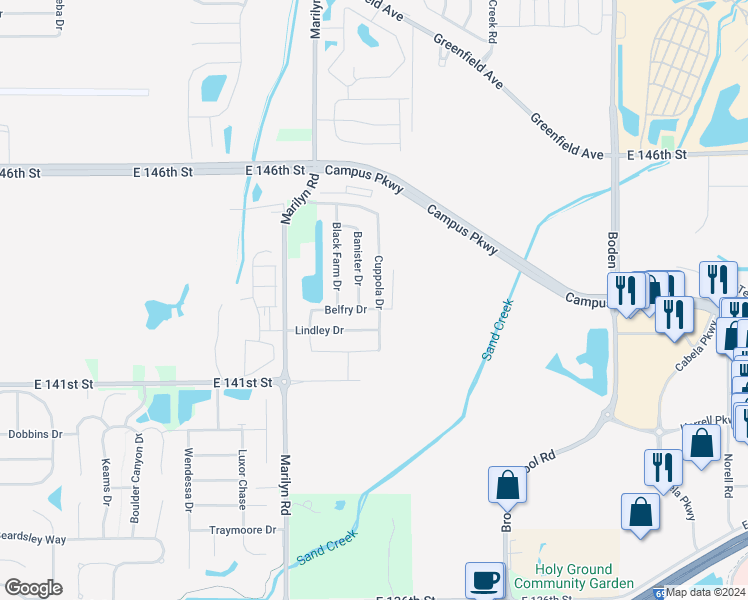 map of restaurants, bars, coffee shops, grocery stores, and more near 14287 Cuppola Drive in Noblesville