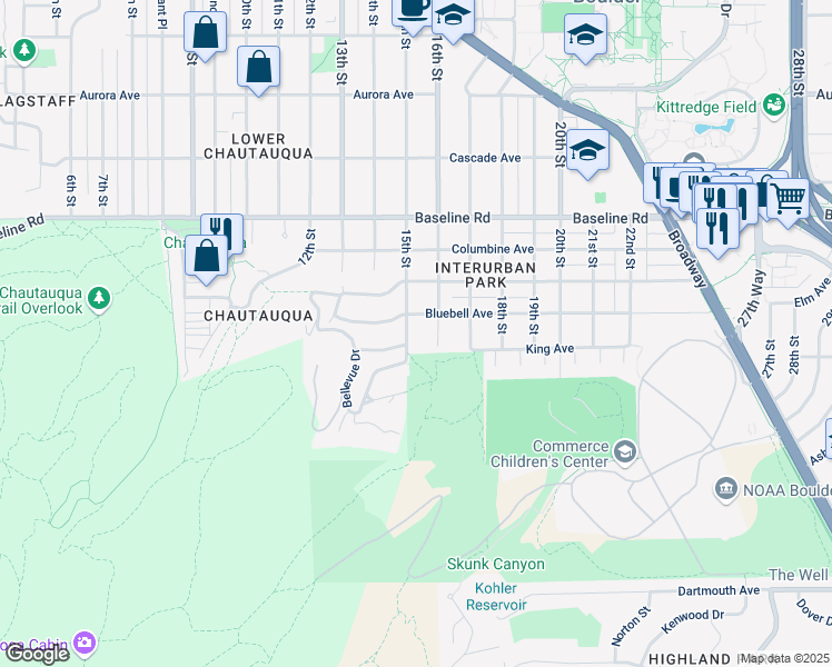 map of restaurants, bars, coffee shops, grocery stores, and more near 315 16th Street in Boulder