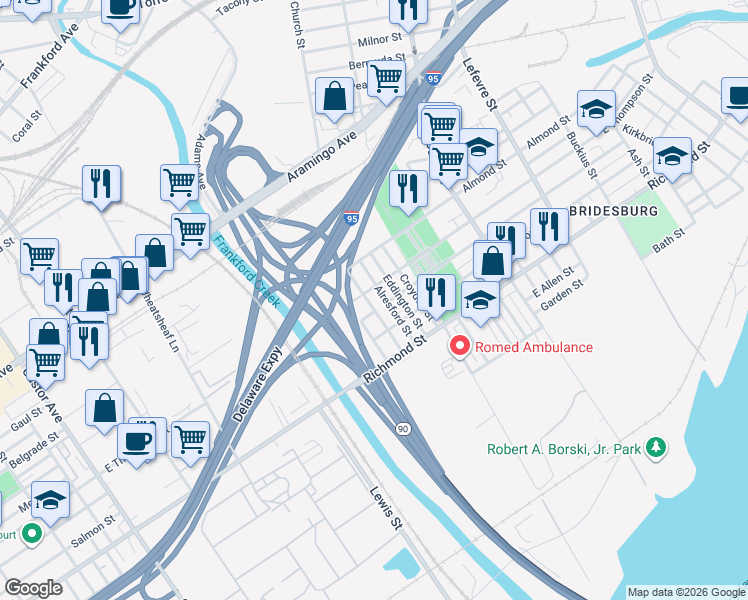 map of restaurants, bars, coffee shops, grocery stores, and more near 2702 East Juniata Street in Philadelphia