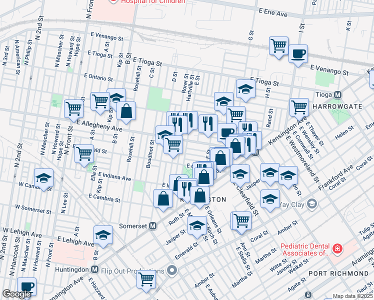 map of restaurants, bars, coffee shops, grocery stores, and more near 600 East Wishart Street in Philadelphia