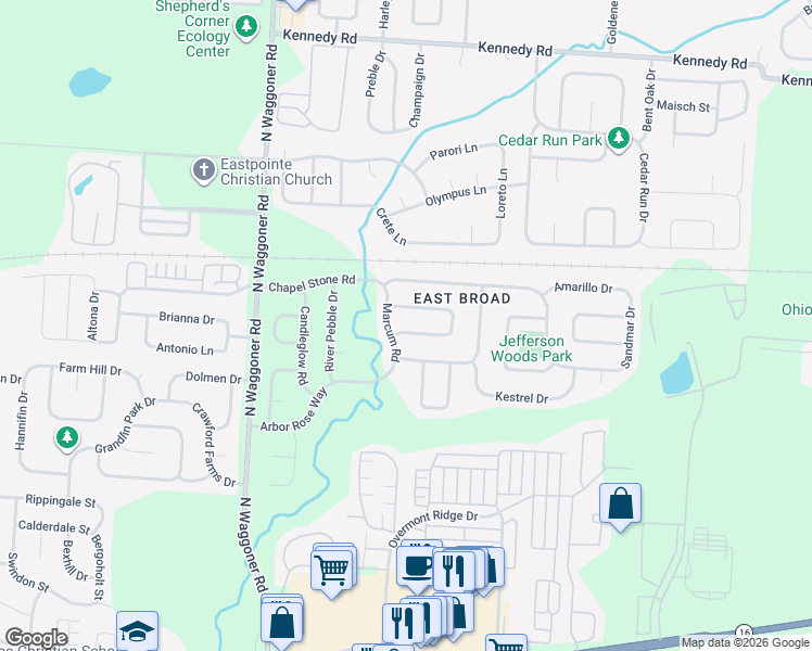 map of restaurants, bars, coffee shops, grocery stores, and more near 8206 Turret Drive in Blacklick