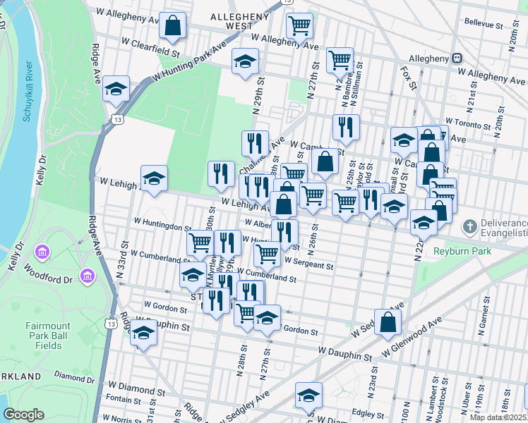 map of restaurants, bars, coffee shops, grocery stores, and more near 2802 West Lehigh Avenue in Philadelphia