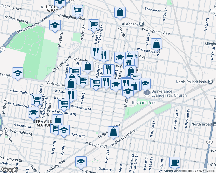 map of restaurants, bars, coffee shops, grocery stores, and more near 2727 North 24th Street in Philadelphia