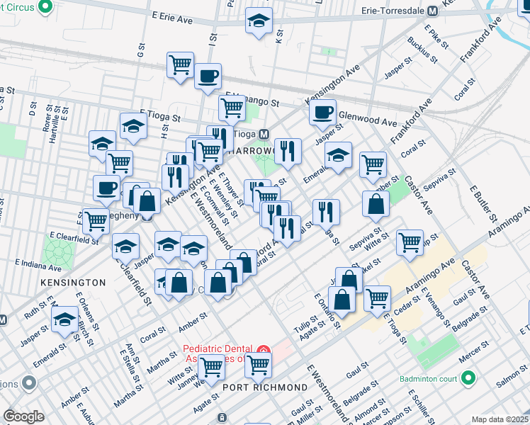 map of restaurants, bars, coffee shops, grocery stores, and more near 2003 East Ontario Street in Philadelphia