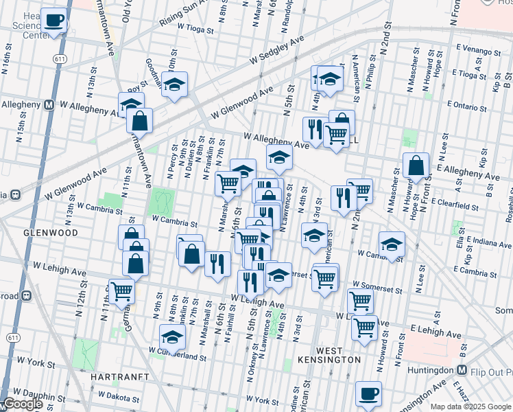 map of restaurants, bars, coffee shops, grocery stores, and more near 524 West Indiana Avenue in Philadelphia
