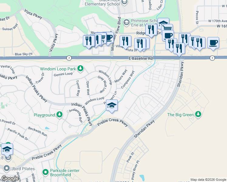 map of restaurants, bars, coffee shops, grocery stores, and more near 16573 Prospect Lane in Broomfield