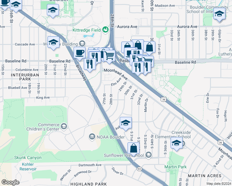 map of restaurants, bars, coffee shops, grocery stores, and more near 301 29th Street in Boulder