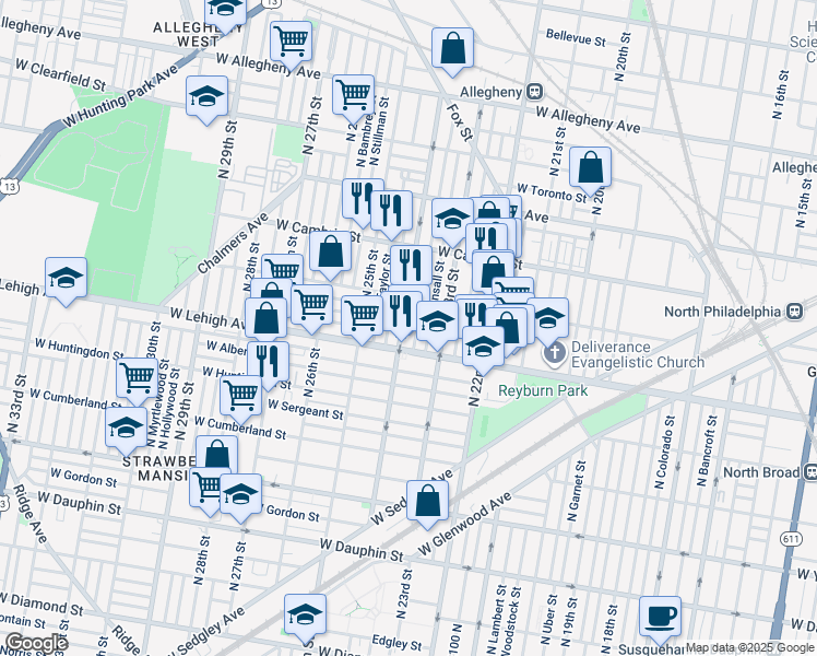 map of restaurants, bars, coffee shops, grocery stores, and more near 2727 North 24th Street in Philadelphia