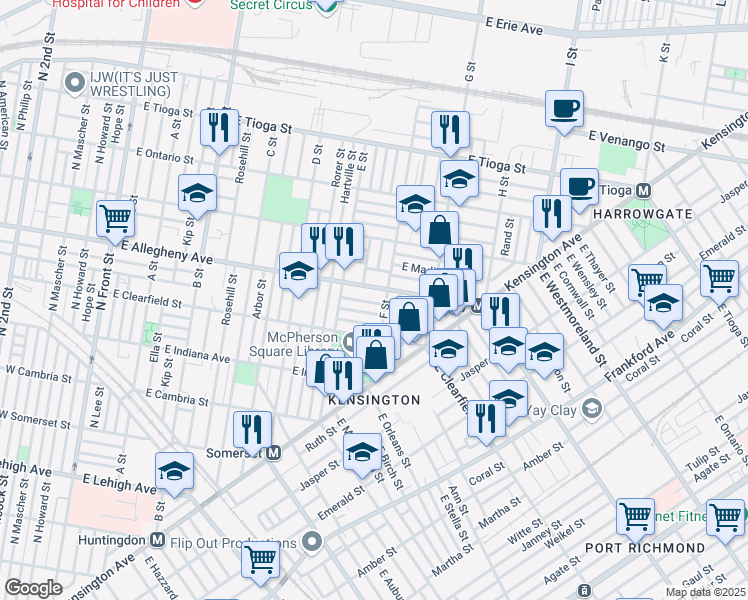 map of restaurants, bars, coffee shops, grocery stores, and more near 655 East Wishart Street in Philadelphia