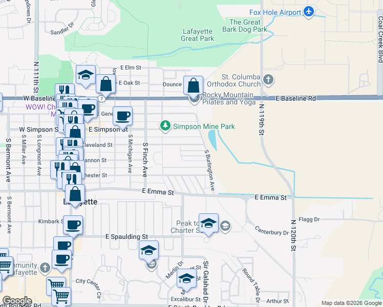 map of restaurants, bars, coffee shops, grocery stores, and more near 735 Cannon Trail in Lafayette