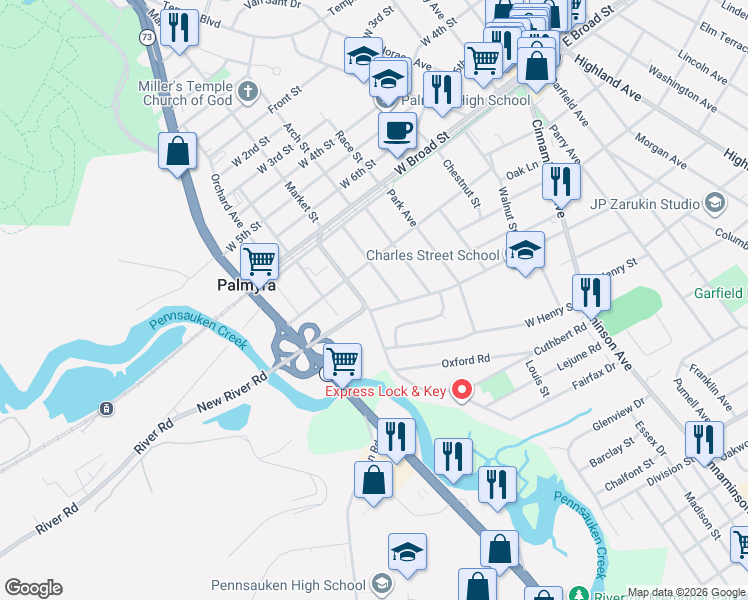 map of restaurants, bars, coffee shops, grocery stores, and more near 711 Public Road in Palmyra