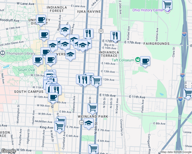 map of restaurants, bars, coffee shops, grocery stores, and more near 1641 North 4th Street in Columbus