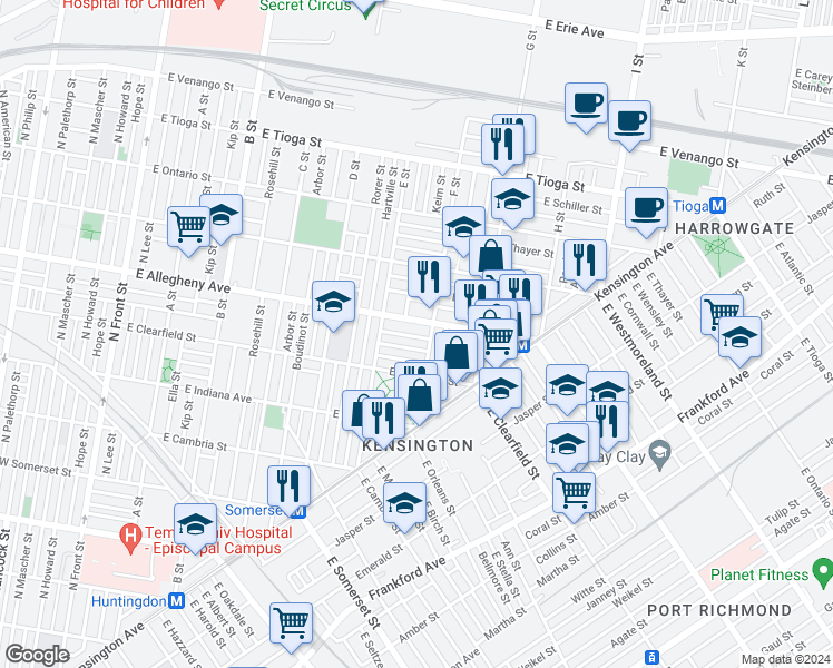 map of restaurants, bars, coffee shops, grocery stores, and more near 653 East Wishart Street in Philadelphia