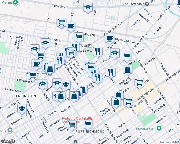 map of restaurants, bars, coffee shops, grocery stores, and more near 2003 East Ontario Street in Philadelphia