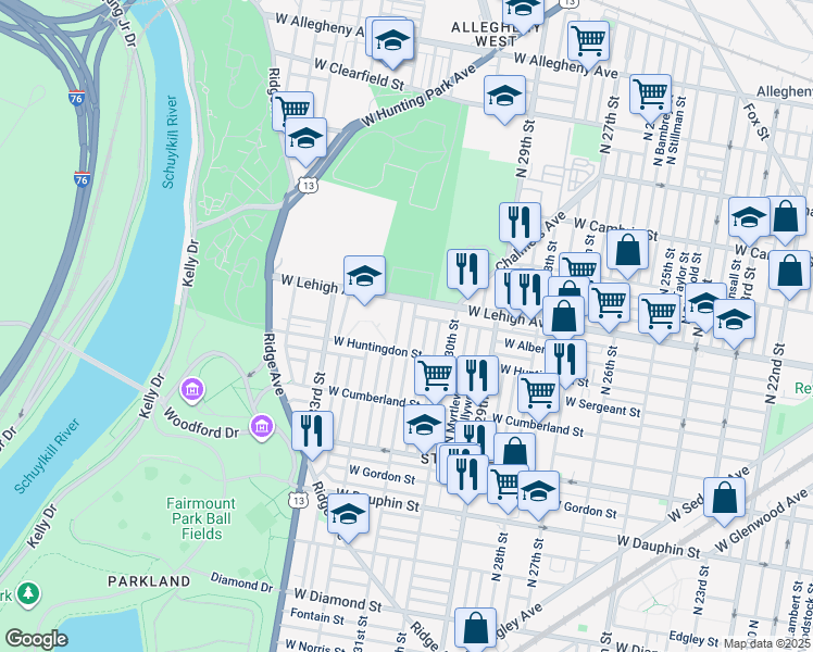 map of restaurants, bars, coffee shops, grocery stores, and more near 2634 North 31st Street in Philadelphia