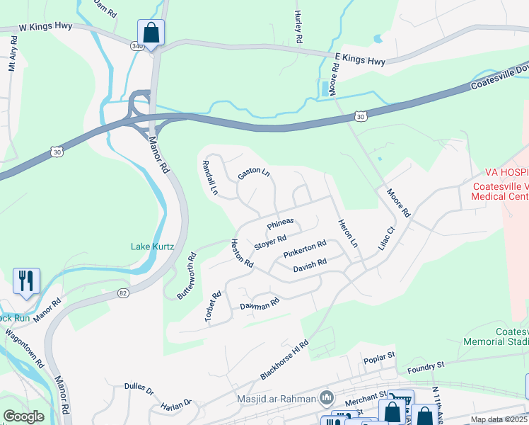 map of restaurants, bars, coffee shops, grocery stores, and more near 101 Gaston Lane in Coatesville