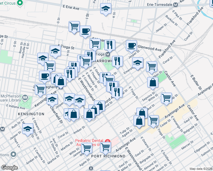 map of restaurants, bars, coffee shops, grocery stores, and more near E Ontario St & Emerald St in Philadelphia