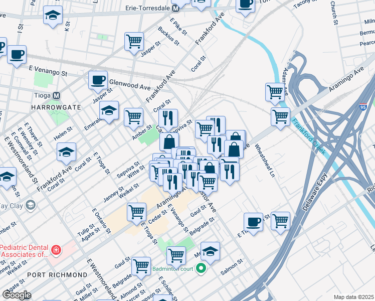 map of restaurants, bars, coffee shops, grocery stores, and more near 2301 Castor Avenue in Philadelphia