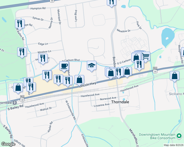 map of restaurants, bars, coffee shops, grocery stores, and more near 3609 Lincoln Highway East in Thorndale