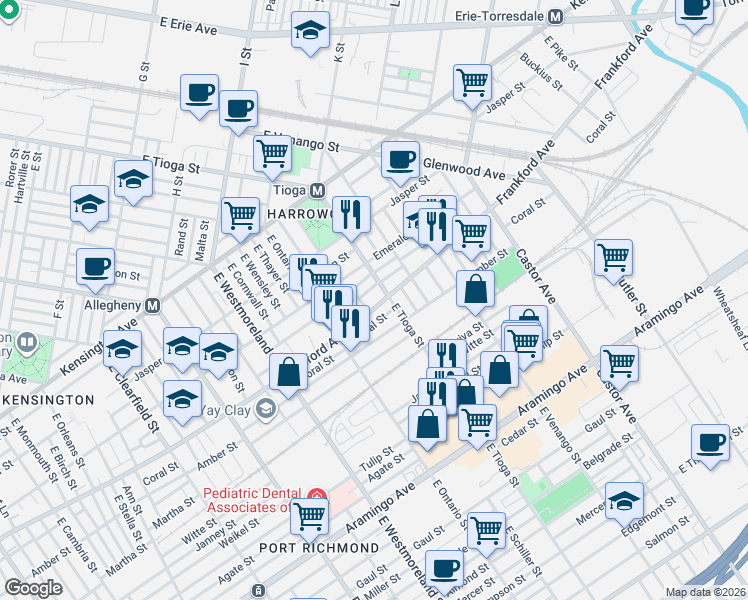 map of restaurants, bars, coffee shops, grocery stores, and more near 3477 Coral Street in Philadelphia