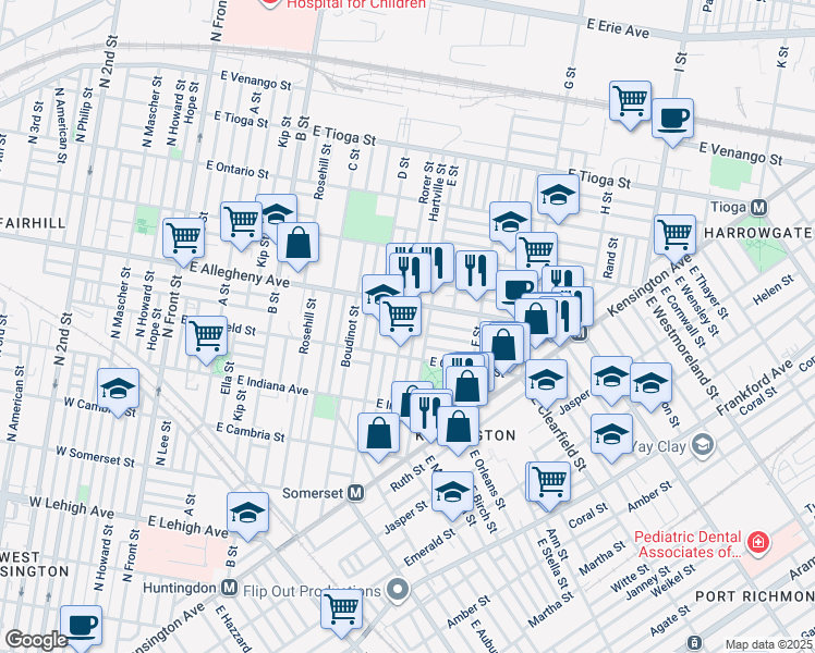 map of restaurants, bars, coffee shops, grocery stores, and more near 3141 Rorer Street in Philadelphia