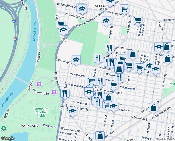 map of restaurants, bars, coffee shops, grocery stores, and more near 2637 North 31st Street in Philadelphia