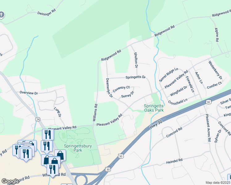 map of restaurants, bars, coffee shops, grocery stores, and more near 3606 Coventry Court in York