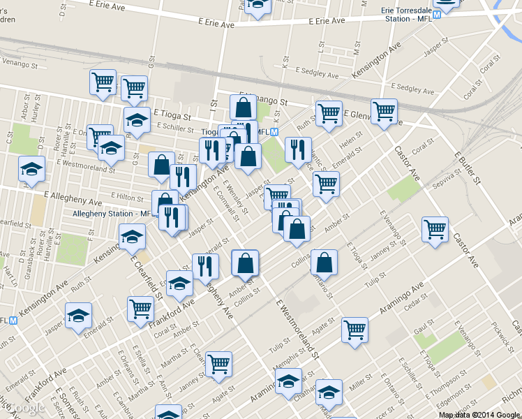 map of restaurants, bars, coffee shops, grocery stores, and more near 1939 East Thayer Street in Philadelphia