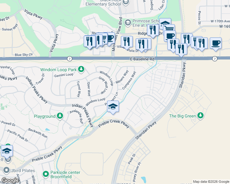 map of restaurants, bars, coffee shops, grocery stores, and more near 16573 Prospect Lane in Broomfield