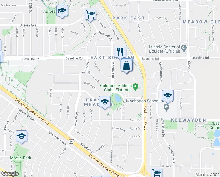 map of restaurants, bars, coffee shops, grocery stores, and more near in Boulder