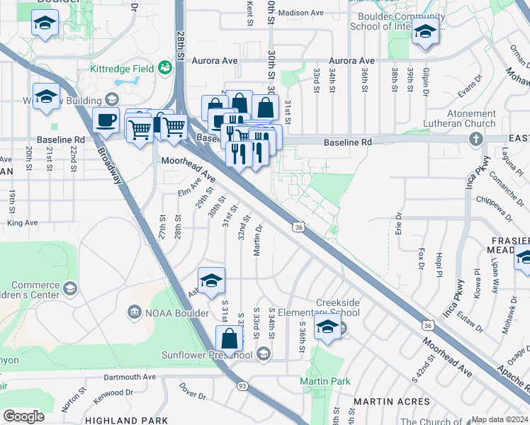 map of restaurants, bars, coffee shops, grocery stores, and more near 380 Martin Drive in Boulder