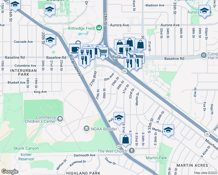 map of restaurants, bars, coffee shops, grocery stores, and more near 301 29th Street in Boulder