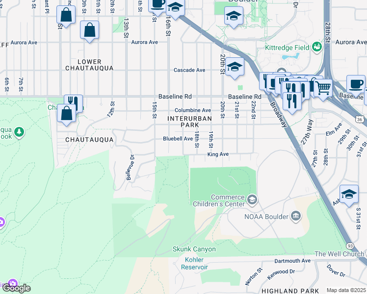 map of restaurants, bars, coffee shops, grocery stores, and more near 335 17th Street in Boulder