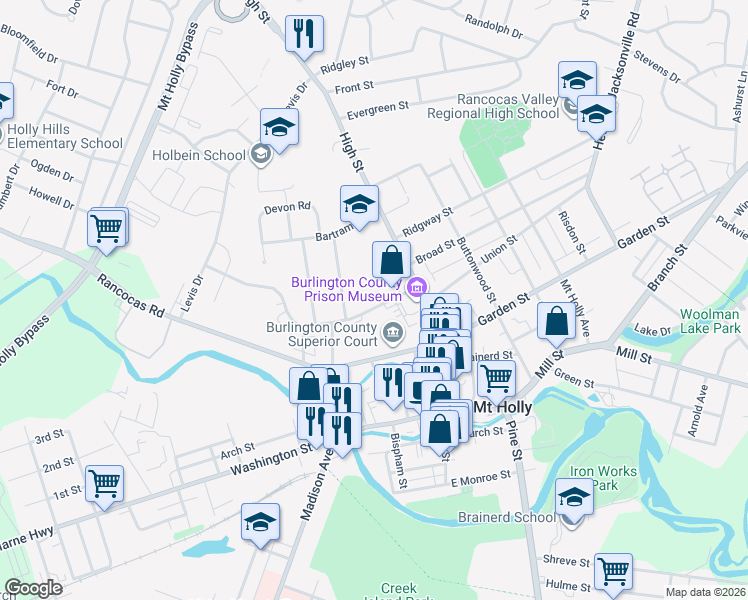 map of restaurants, bars, coffee shops, grocery stores, and more near 39 Grant Street in Mount Holly
