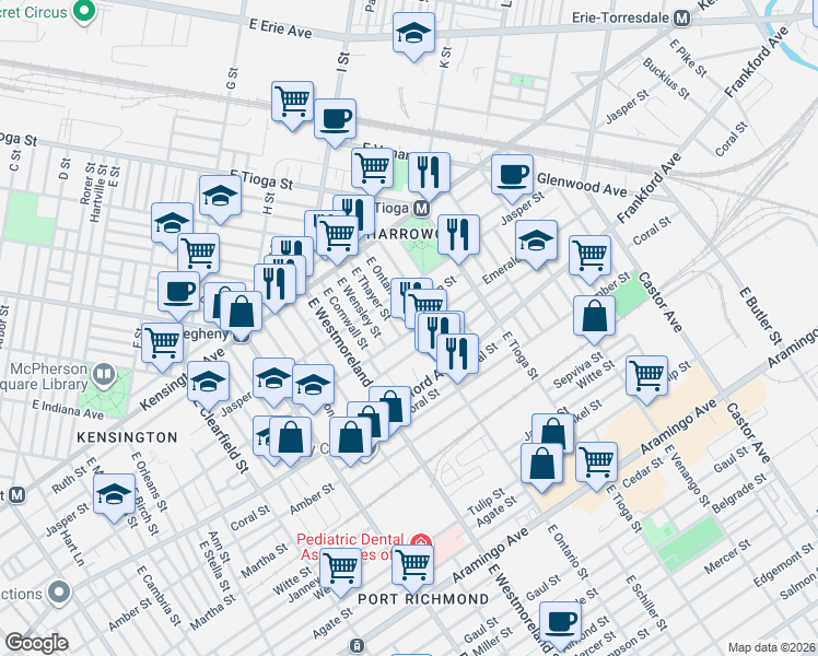 map of restaurants, bars, coffee shops, grocery stores, and more near 2022 East Ontario Street in Philadelphia