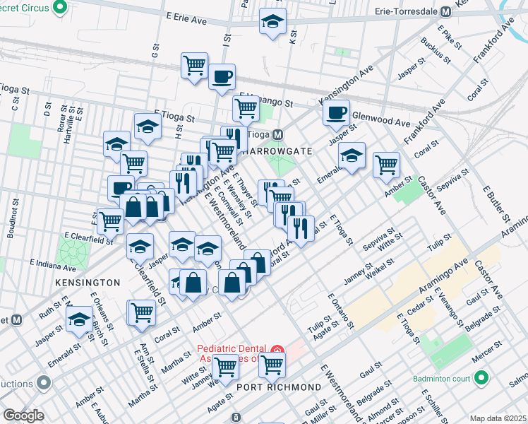 map of restaurants, bars, coffee shops, grocery stores, and more near 1939 East Thayer Street in Philadelphia